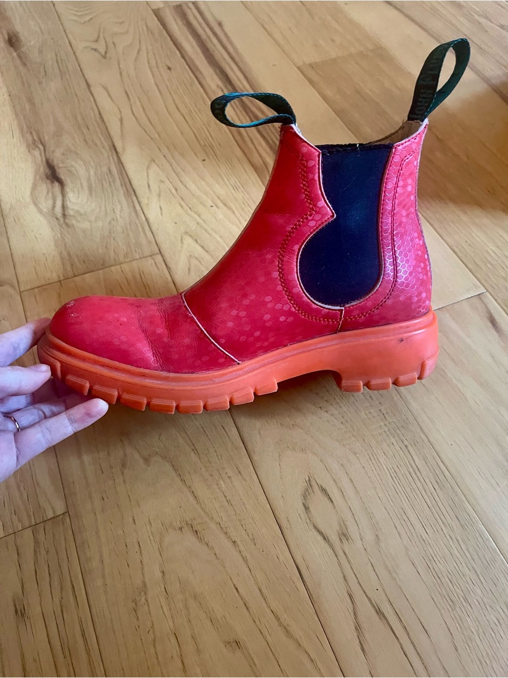 John Fluevog Red Chelsea Boots with Orange Soles - Picture 2 of 3